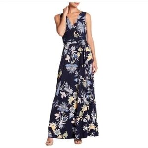 Leslie Fay Maxi‎ Dress 4 V-neck Sleeveless Belted Blue Floral LF